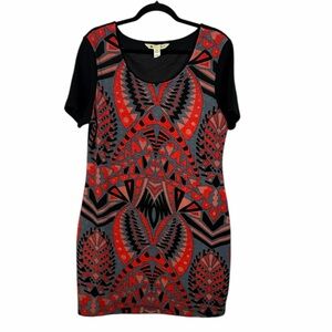 Yumi Tribal Geometric Knit Dress Size 10/12 Red Black Bodycon Lined